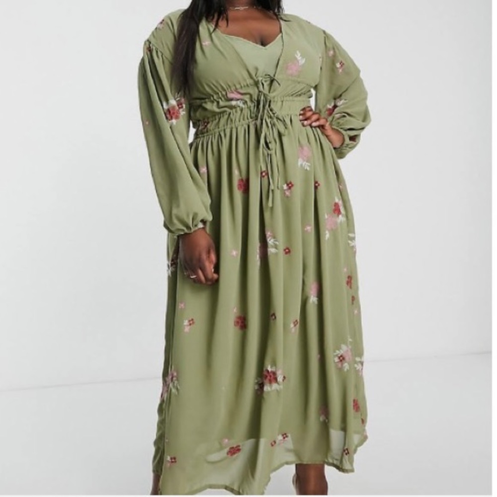 ASOS CURVE SAGE GREEN FLORAL EMBROIDERED LONG SLEEVE MAXI DRESS